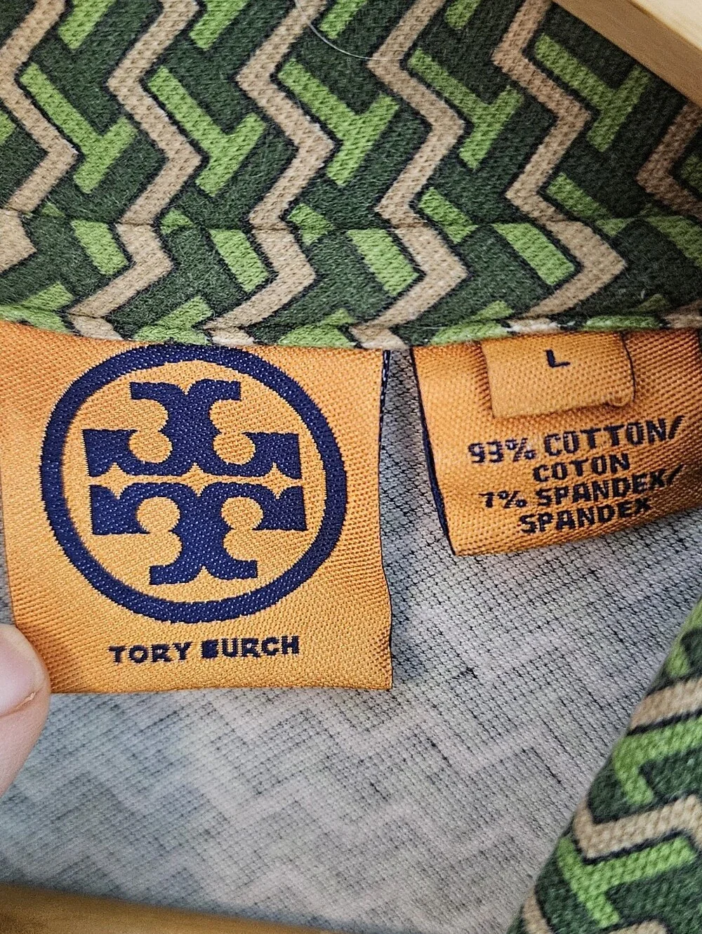 Tory Burch Knit Top Blouse Collar Long Sleeves Green Chevron Women's L Large
